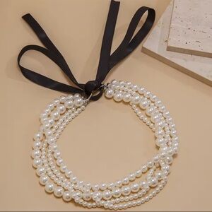 Vintage Classic White Pearl Multi Strand Black Ribbon Necklace